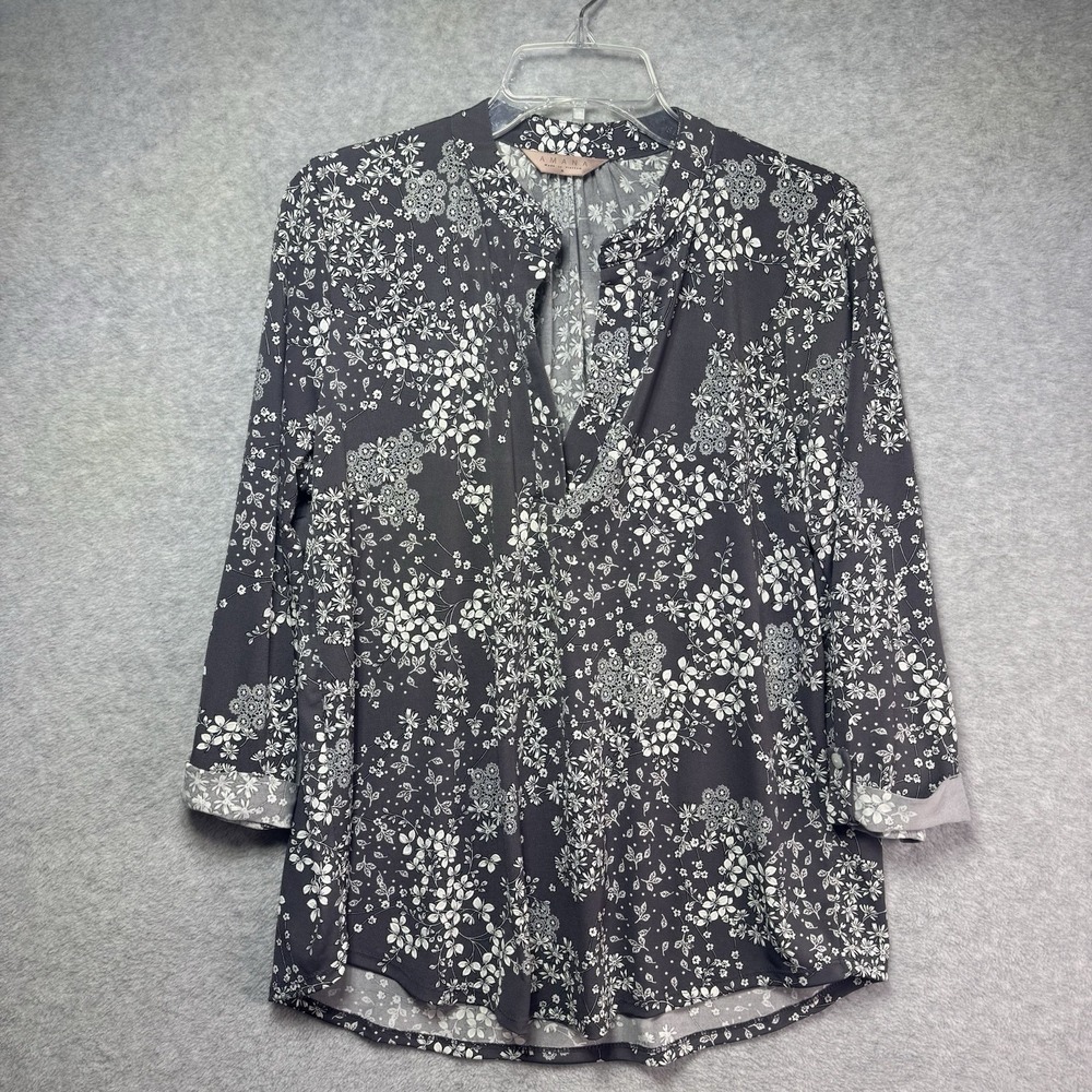 Amana Women's Blouse XL Floral 3/4 Sleeve Top Gray White Career